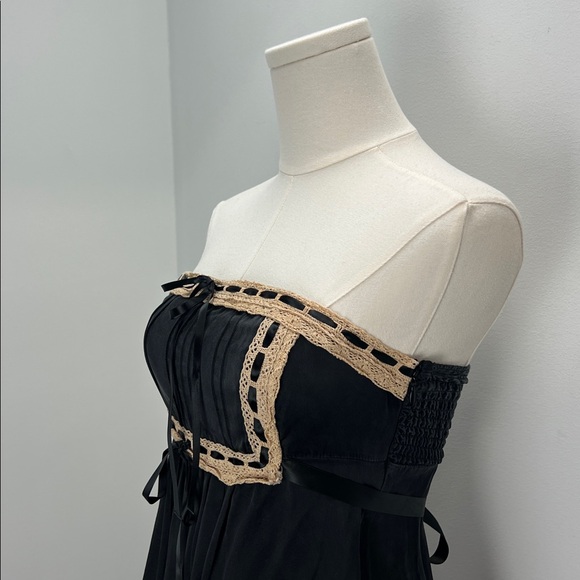 Vintage Betsey Johnson Silk Babydoll Slip Dress Black Cream Lace Trim Ribbons 2 - Picture 5 of 12
